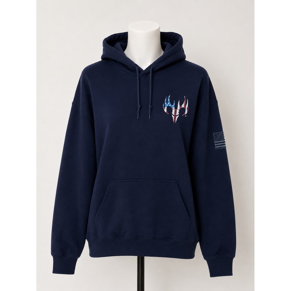 Buck Wear Mens Navy Blue American Flag Deer Skull Graphic Pullover Hoodie